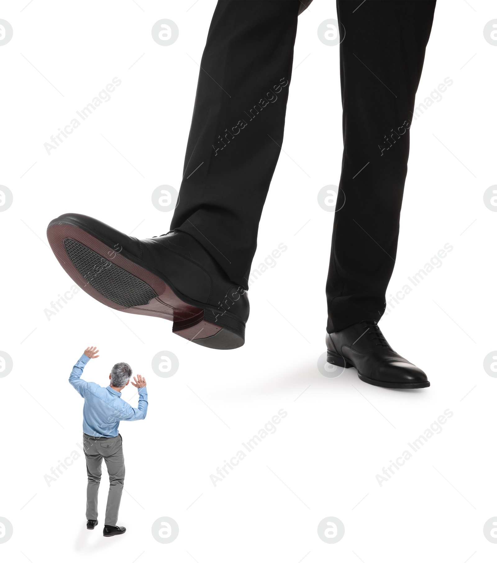 Image of Giant stepping onto small man on white background