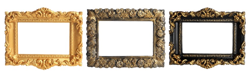 Image of Set of different vintage frames on white background