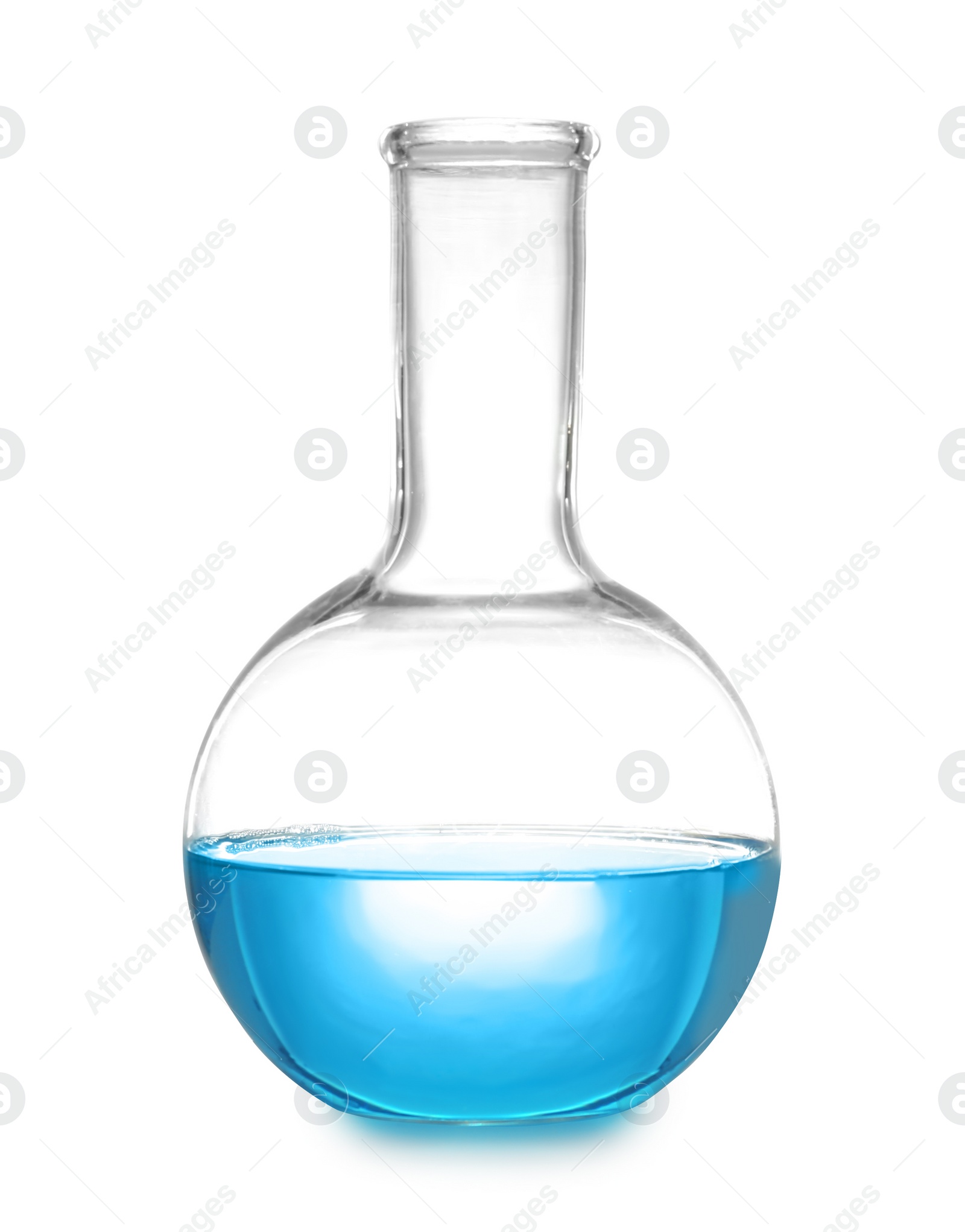 Photo of Laboratory flask with liquid on white background. Solution chemistry