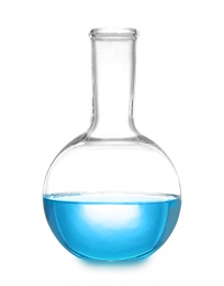 Photo of Laboratory flask with liquid on white background. Solution chemistry