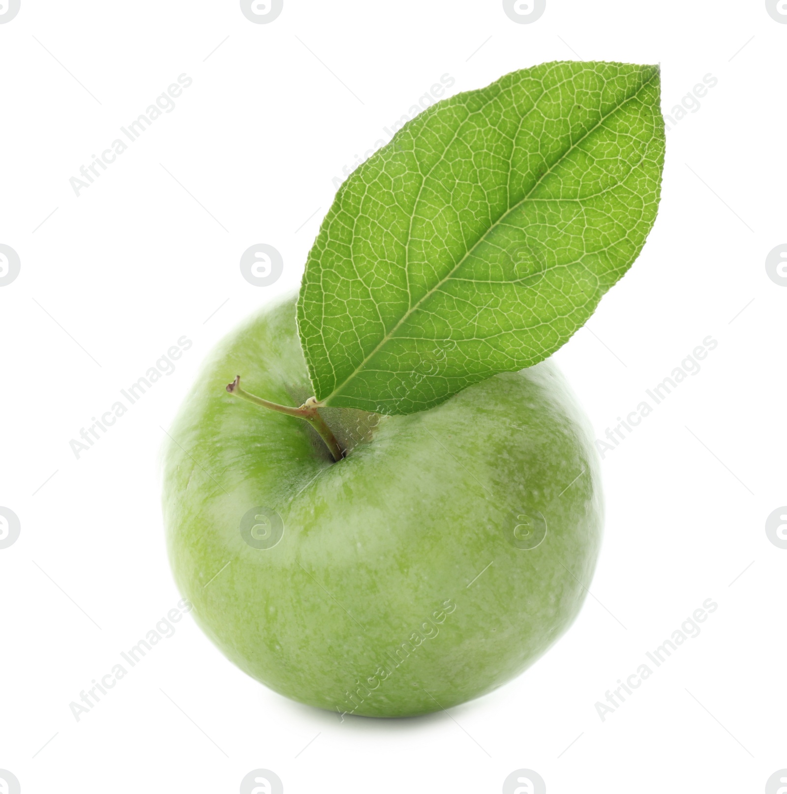 Photo of Fresh green apple with leaf on white background