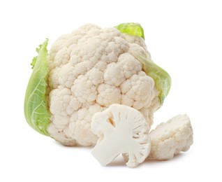 Cut and whole cauliflowers on white background