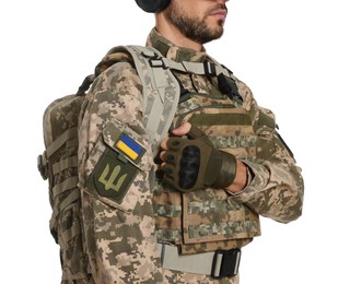 Soldier in Ukrainian military uniform with backpack on white background, closeup