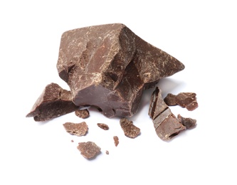 Delicious chocolate chunks on white background