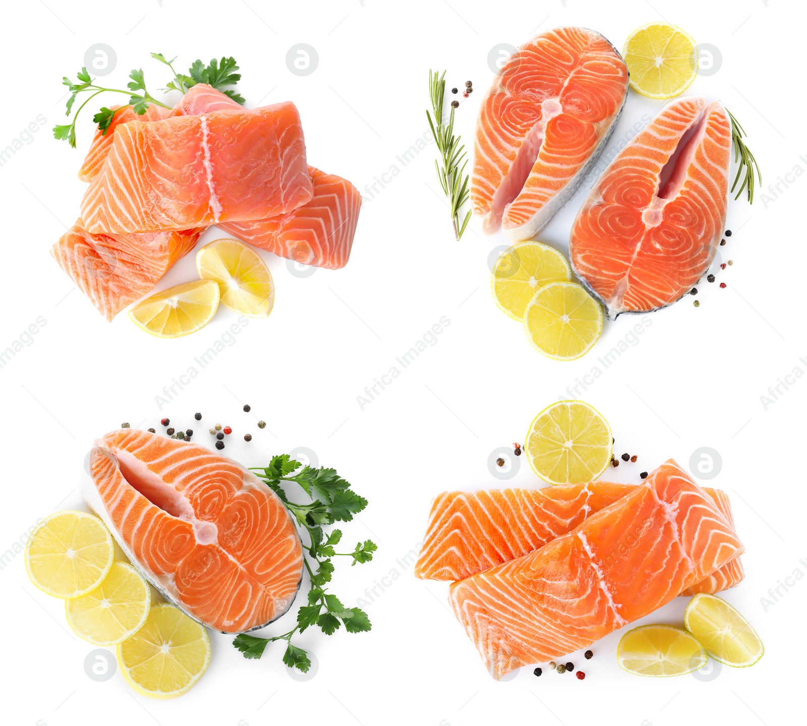 Image of Set of fresh raw salmon on white background, top view. Fish delicacy