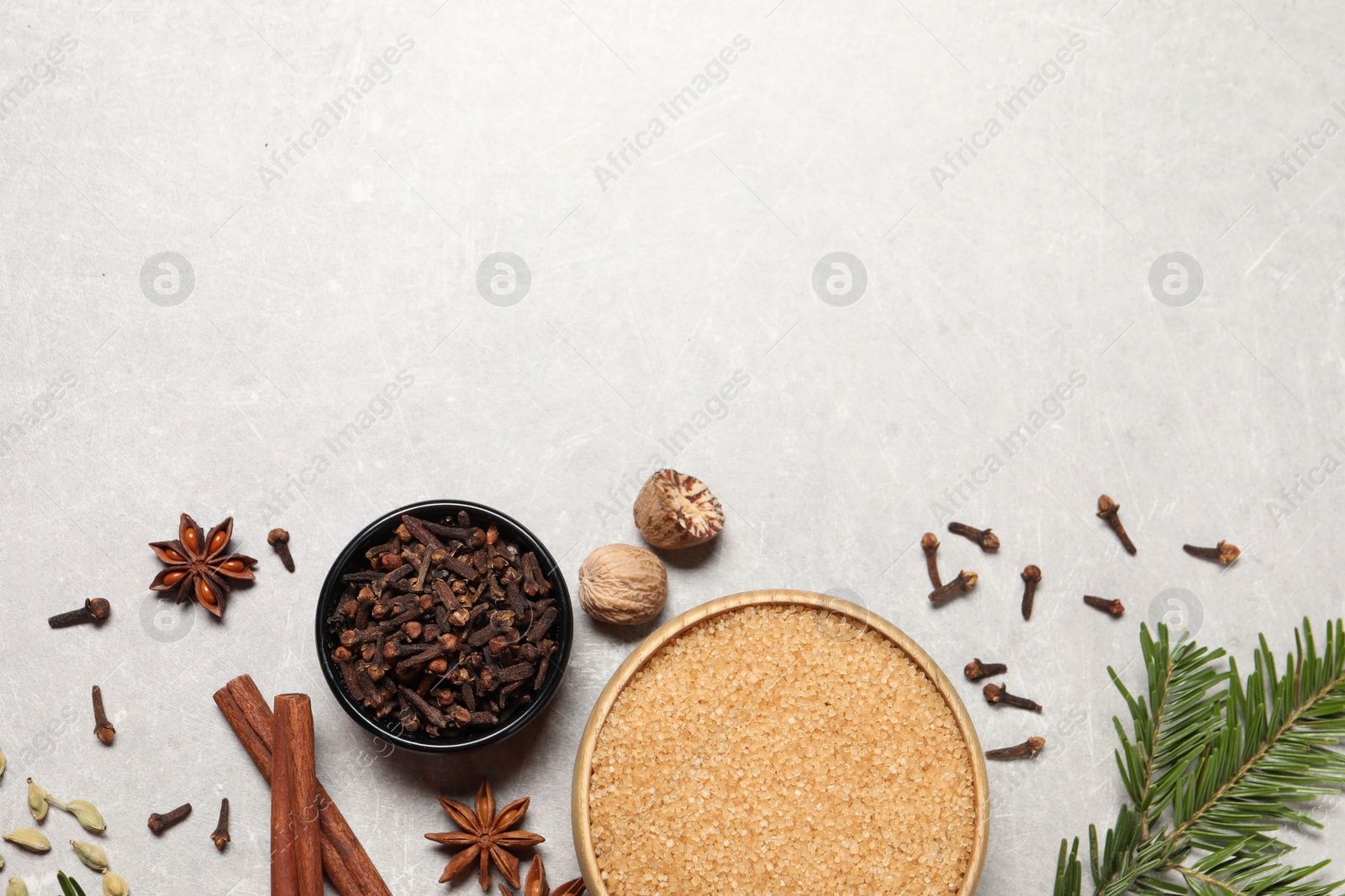 Photo of Different spices in bowls, nuts and fir branch on light gray textured table, flat lay. Space for text