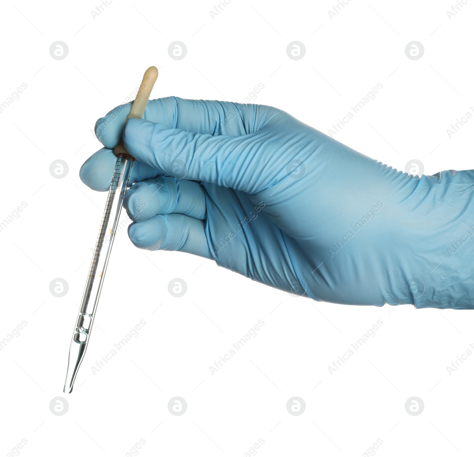 Photo of Scientist with pipette on white background, closeup