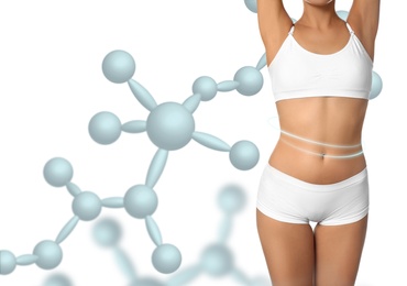 Image of Metabolism concept. Woman with slim body and molecular chains on white background, closeup 
