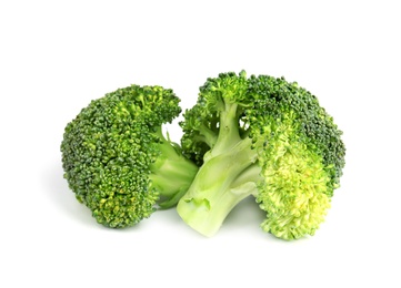 Photo of Fresh green broccoli on white background. Organic food