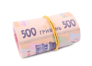 Roll of Ukrainian money on white background