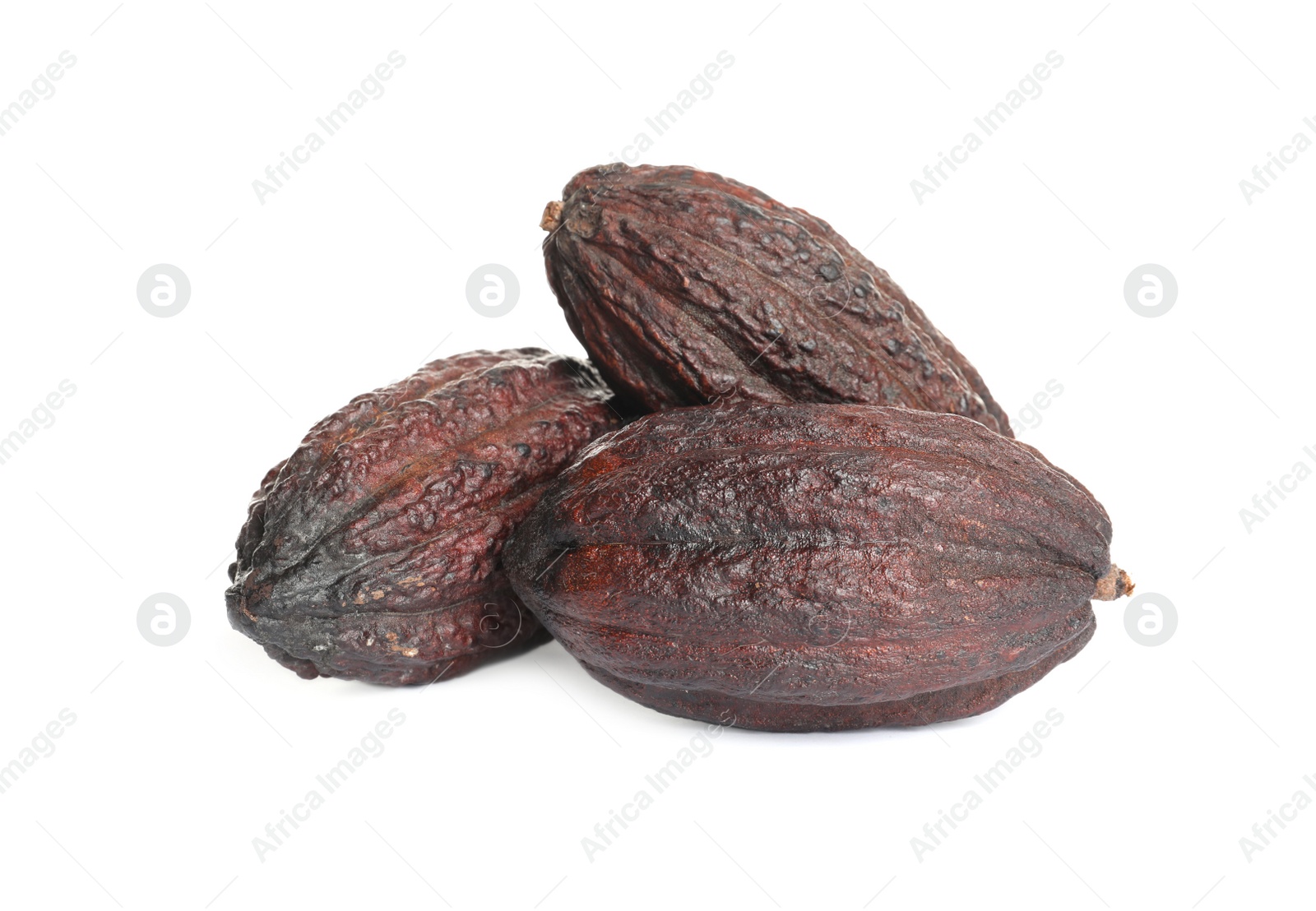 Photo of Whole tropical cocoa pods isolated on white