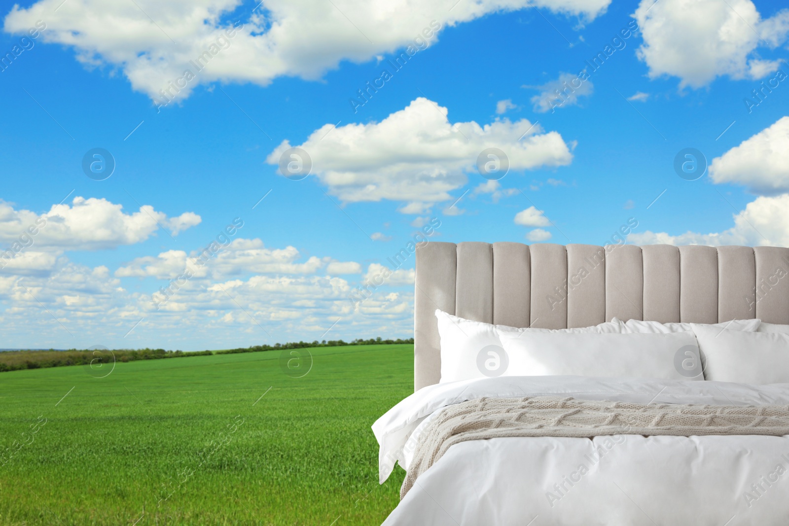 Image of Comfortable bed with soft pillows in green field on sunny day