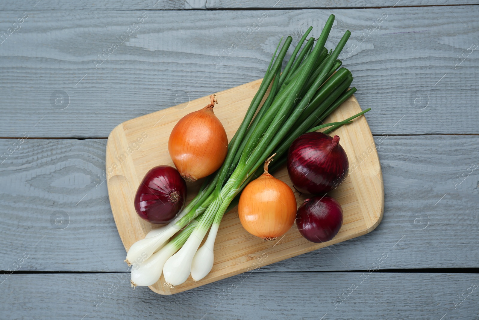 Photo of Board with different kinds of onions on grey wooden table, top view