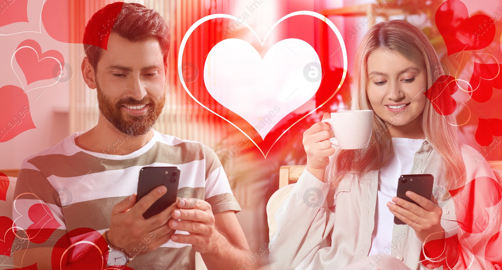 Image of Man and woman chatting on dating site indoors, banner design. Many hearts around them