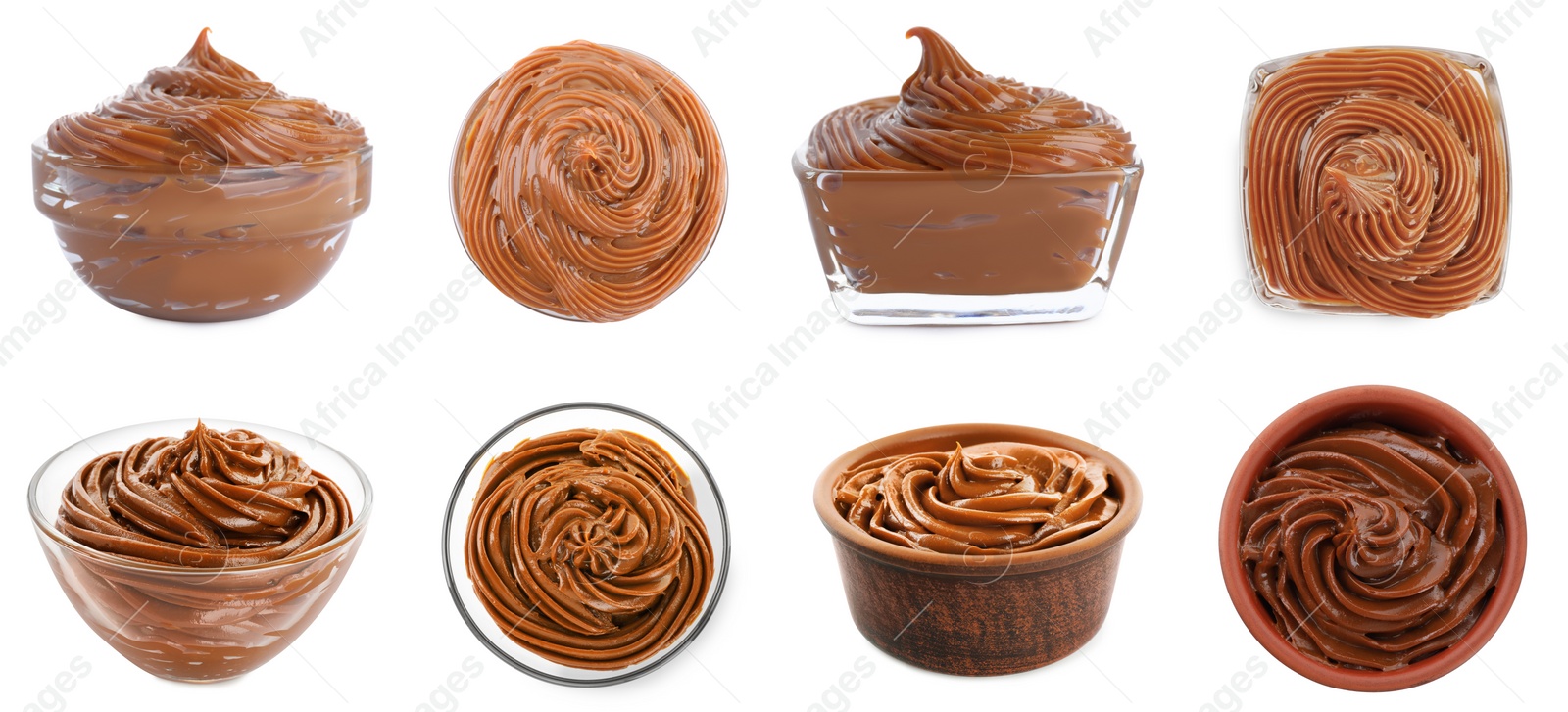 Image of Collage with boiled condensed milk in bowls on white background, top and side views