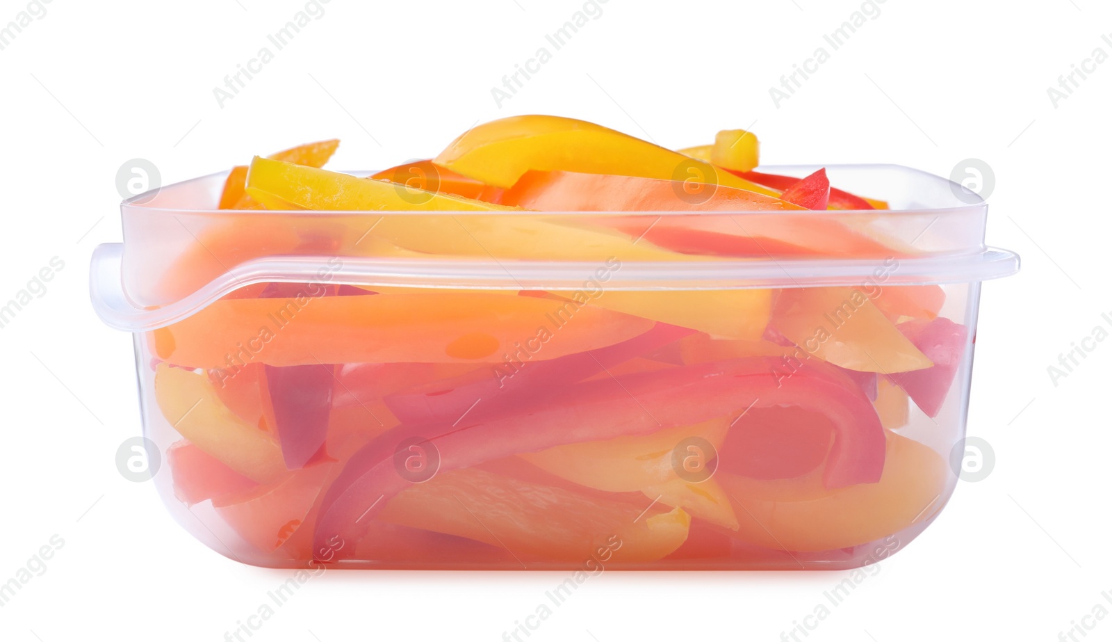 Photo of Fresh cut bell peppers in plastic container isolated on white