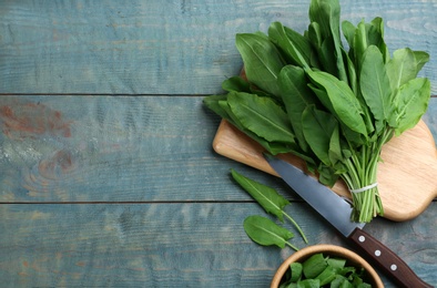 Photo of Fresh green sorrel leaves and knife on light blue wooden table, flat lay. Space for text