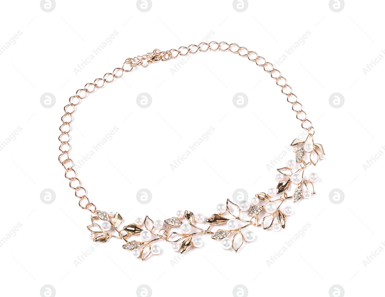 Photo of Elegant gold necklace with pearls isolated on white, top view. Luxury jewelry
