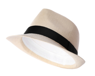 Stylish hat isolated on white. Beach accessory