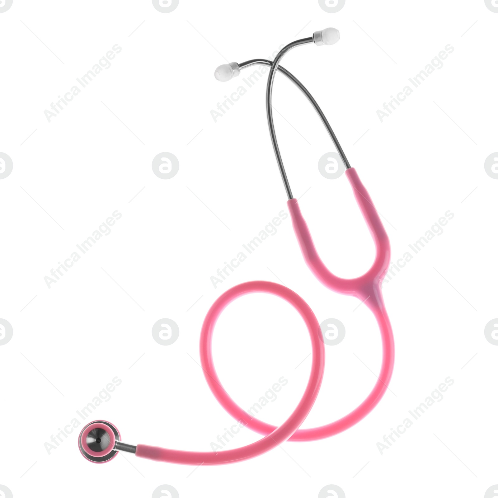 Photo of Stethoscope on white background, top view. Medical device