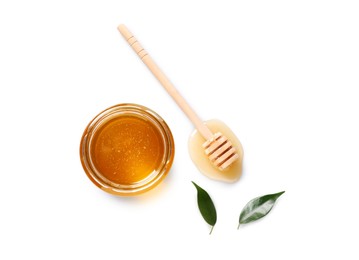 Photo of Tasty honey in glass jar, leaves and dipper on white background, flat lay. Space for text