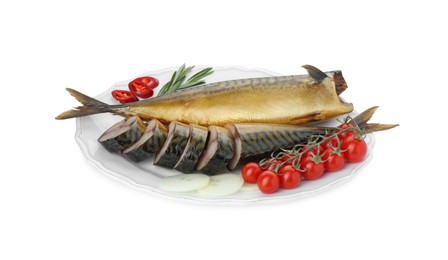 Plate with delicious smoked mackerels and products on white background