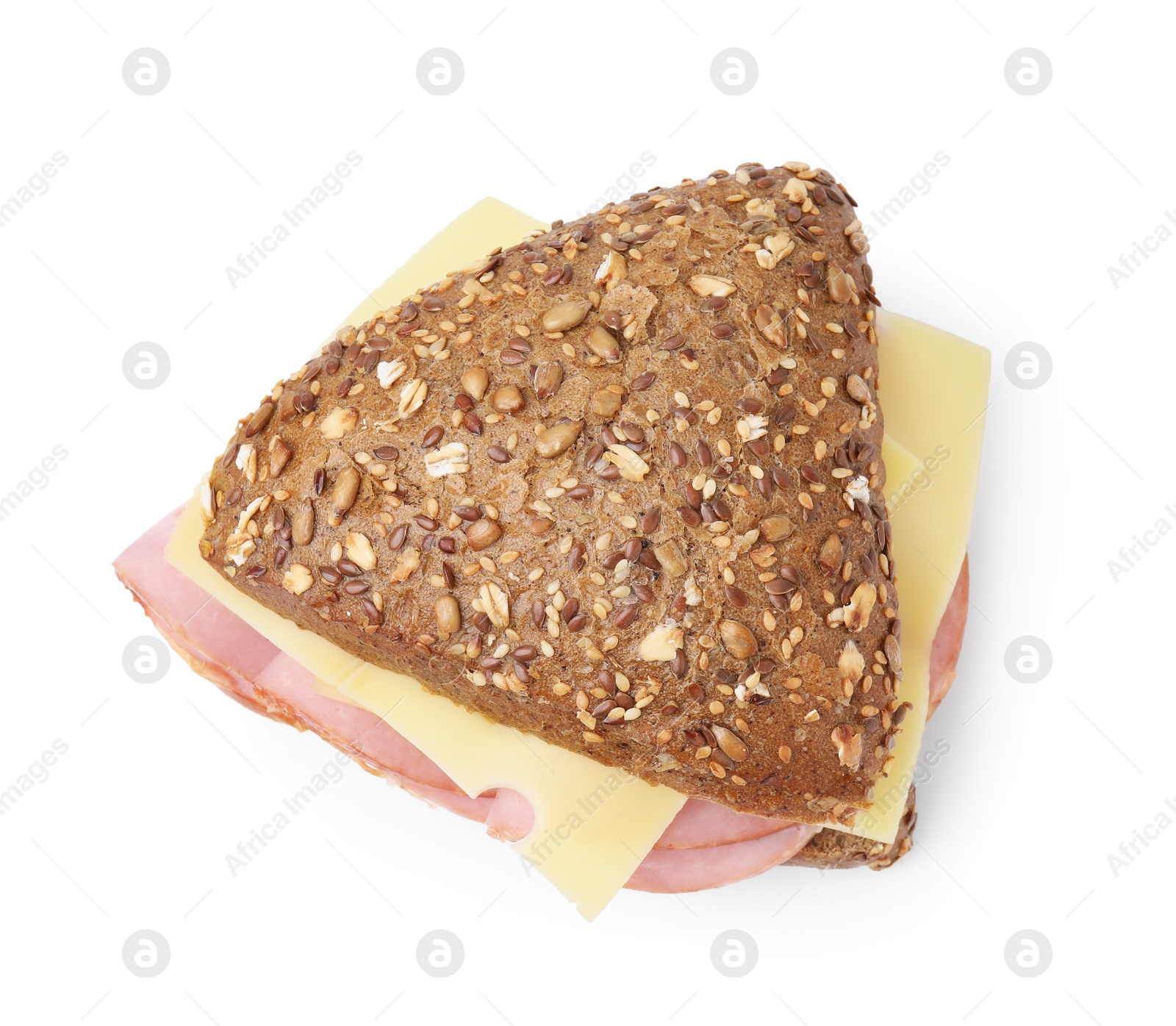 Photo of Delicious sandwich with ham and cheese isolated on white, above view