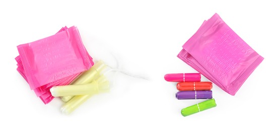 Image of Pads and tampons on white background, collage. Banner design