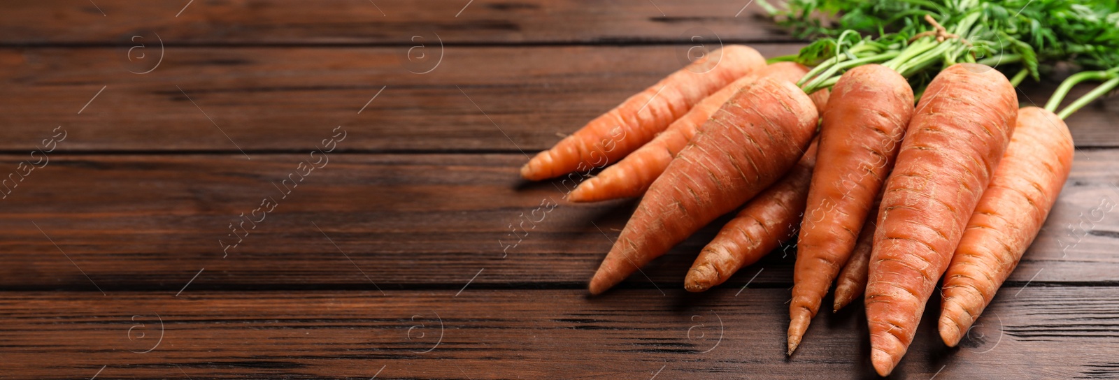 Image of Fresh ripe carrots on wooden background, space for text. Banner design