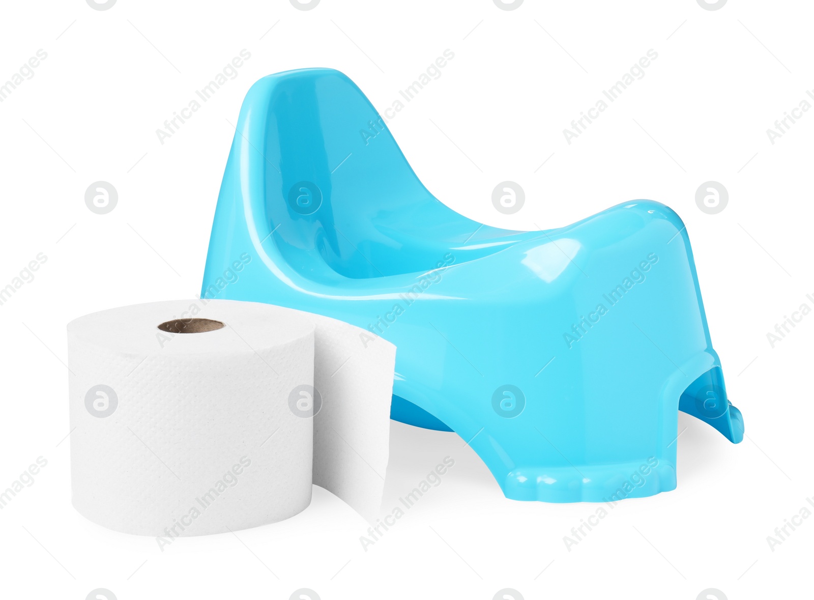 Photo of Light blue baby potty and toilet paper isolated on white