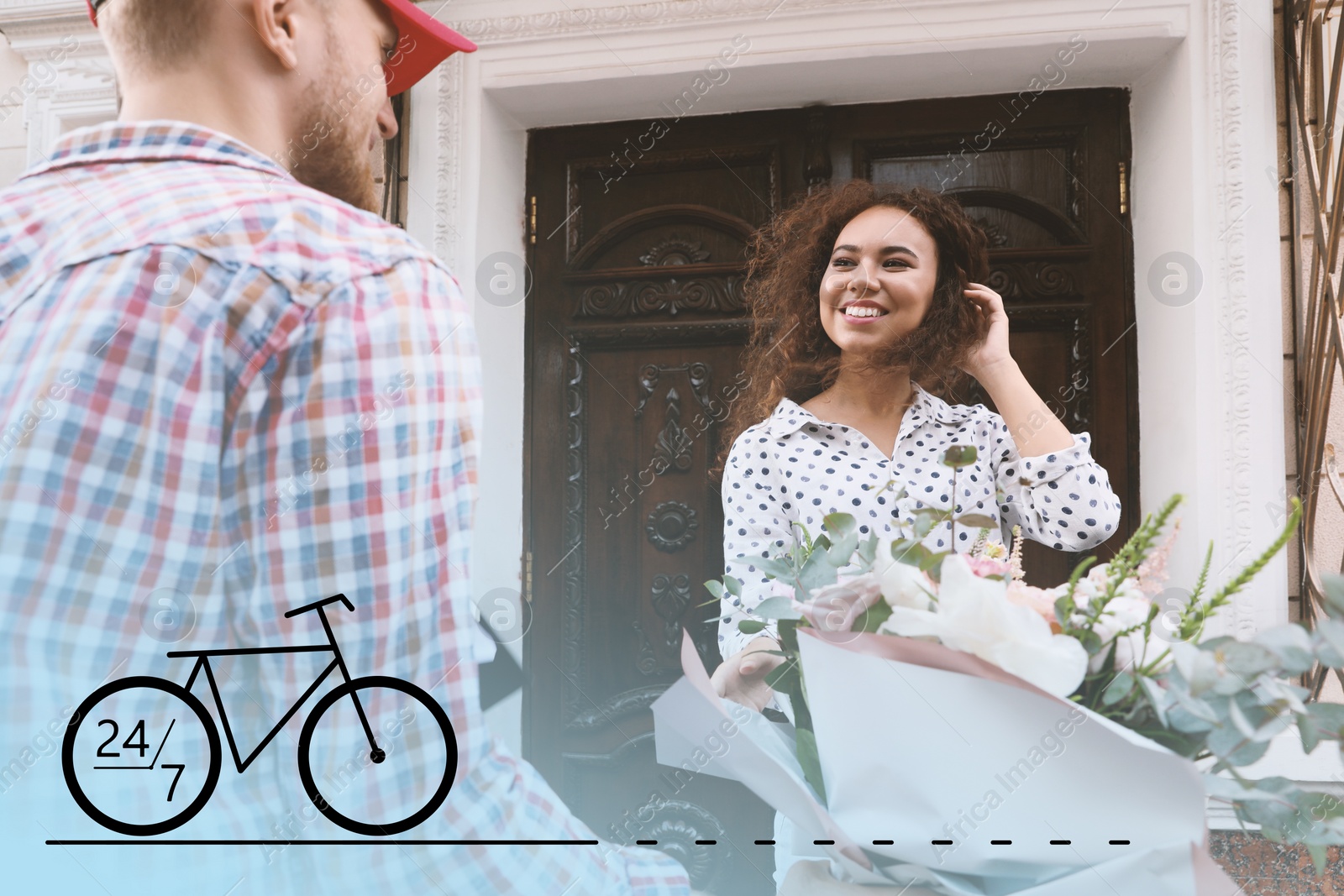 Image of 24/7 service. Woman receiving flower bouquet from delivery man at door. Illustration of bicycle