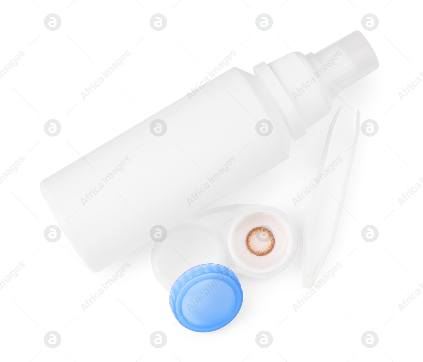 Photo of Case with color contact lenses, bottle of cosmetic product and tweezers isolated on white, top view