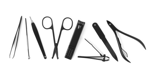 Photo of Manicure set on white background, top view