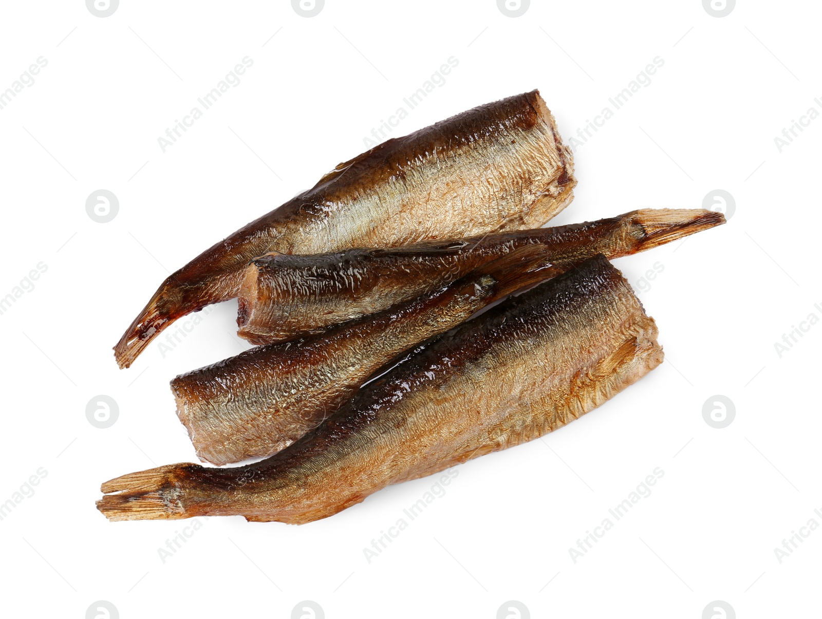 Photo of Tasty canned sprats isolated on white, top view