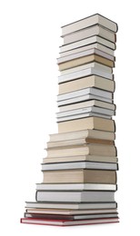 Photo of High stack of many different books isolated on white