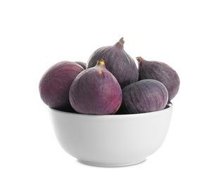 Bowl with whole purple figs on white background