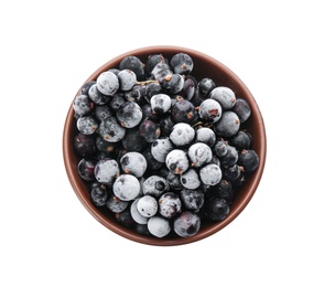 Photo of Tasty frozen black currants in bowl isolated on white, top view