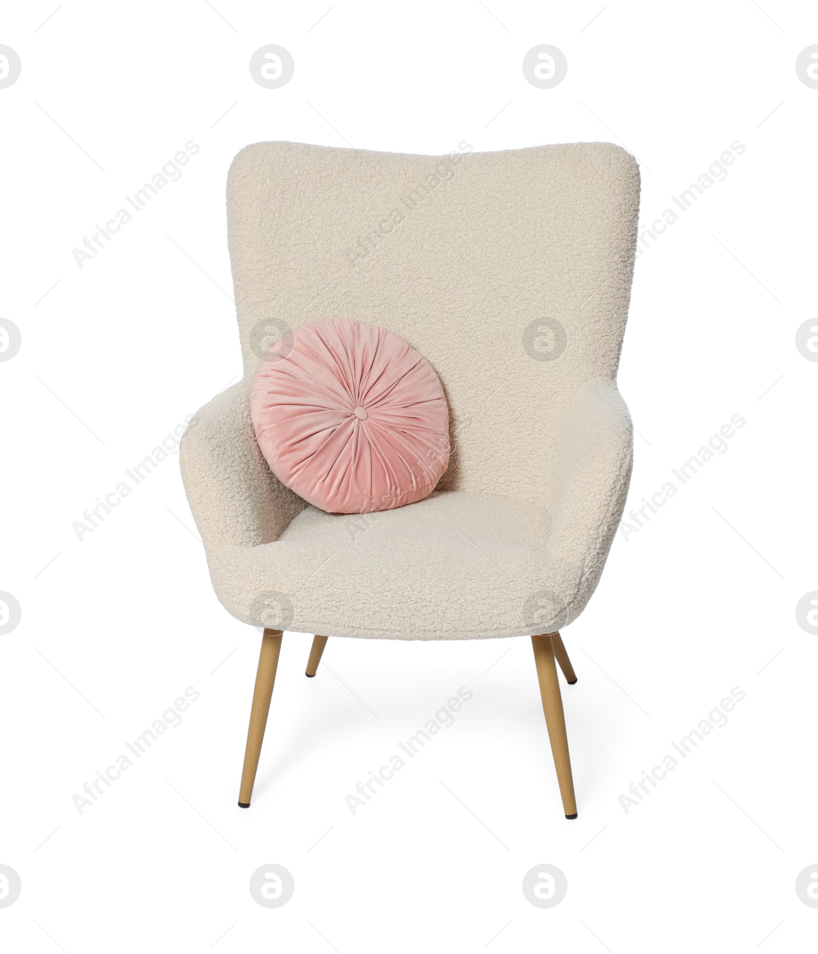 Photo of One stylish comfortable armchair with pillow isolated on white