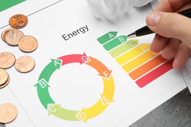 Photo of Woman with pen, coins and energy efficiency rating chart at table, closeup