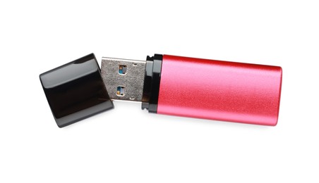 Photo of Pink usb flash drive isolated on white
