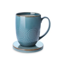 Photo of Mug of coffee and stylish stone cup coaster isolated on white