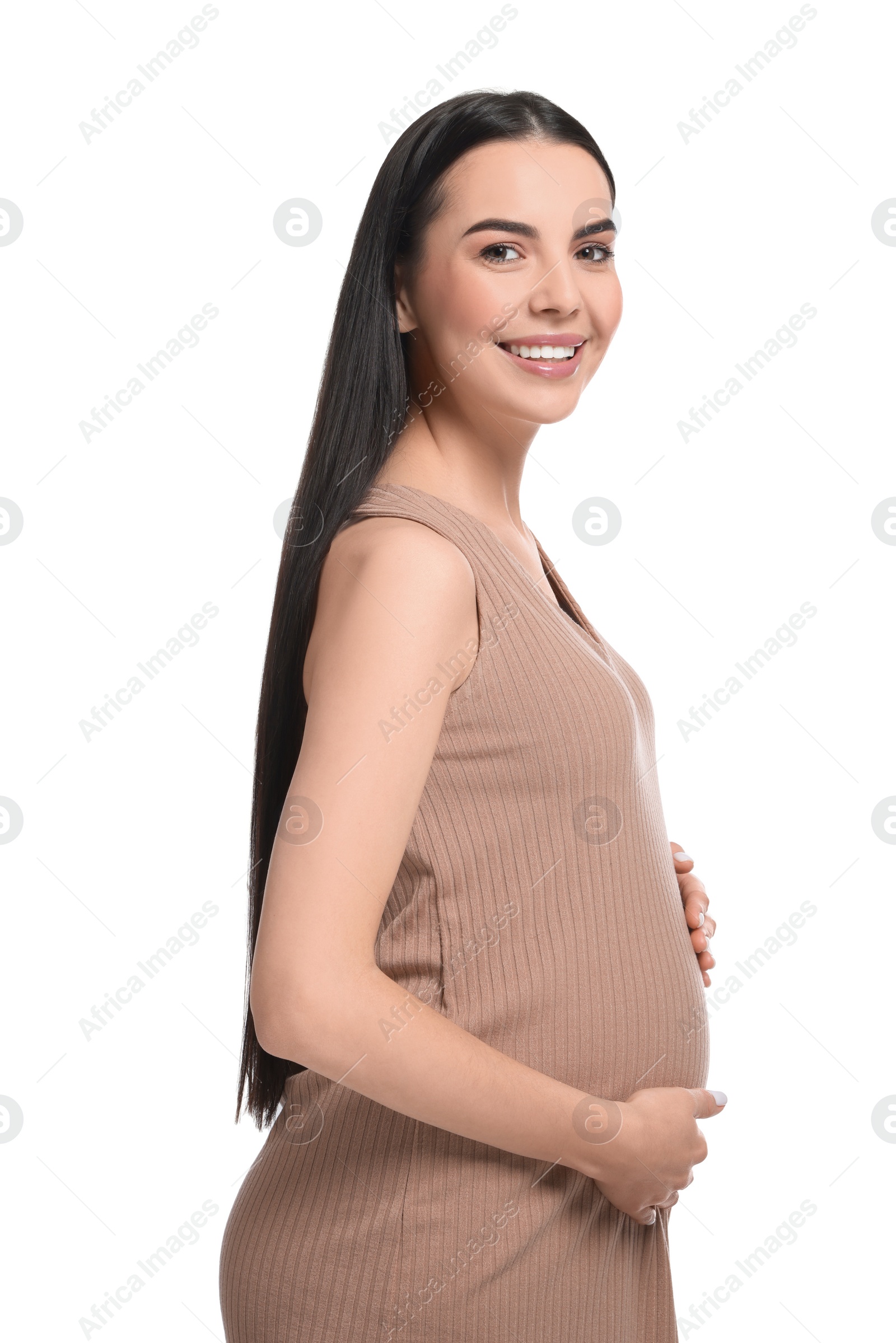 Photo of Portrait of beautiful pregnant woman isolated on white