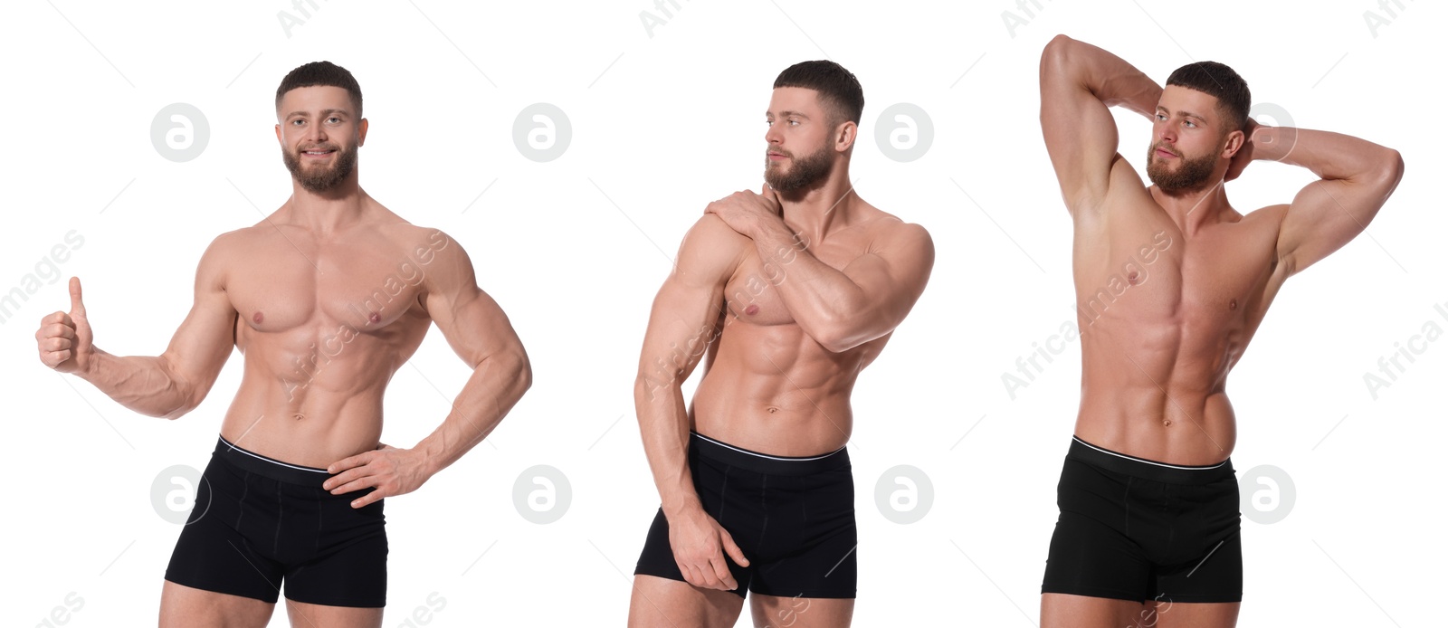 Image of Handsome man in stylish black underwear on white background, set of photos