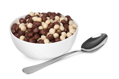 Photo of Tasty sweet cereal balls in bowl and spoon isolated on white