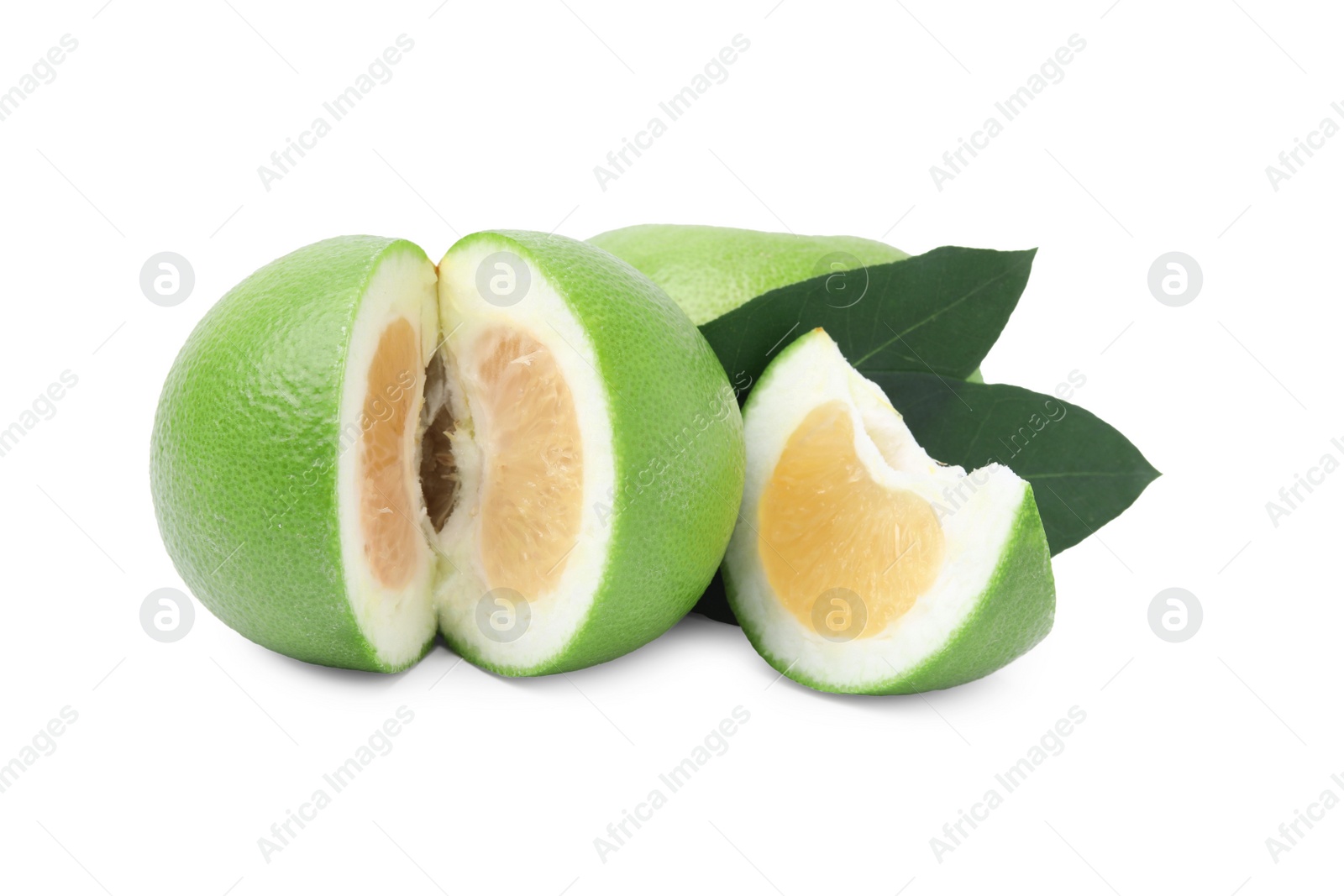 Photo of Ripe sweetie fruits with green leaves on white background