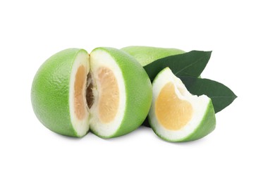 Photo of Ripe sweetie fruits with green leaves on white background