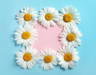 Flat lay composition with beautiful chamomile flowers and blank card on blue background, space for text