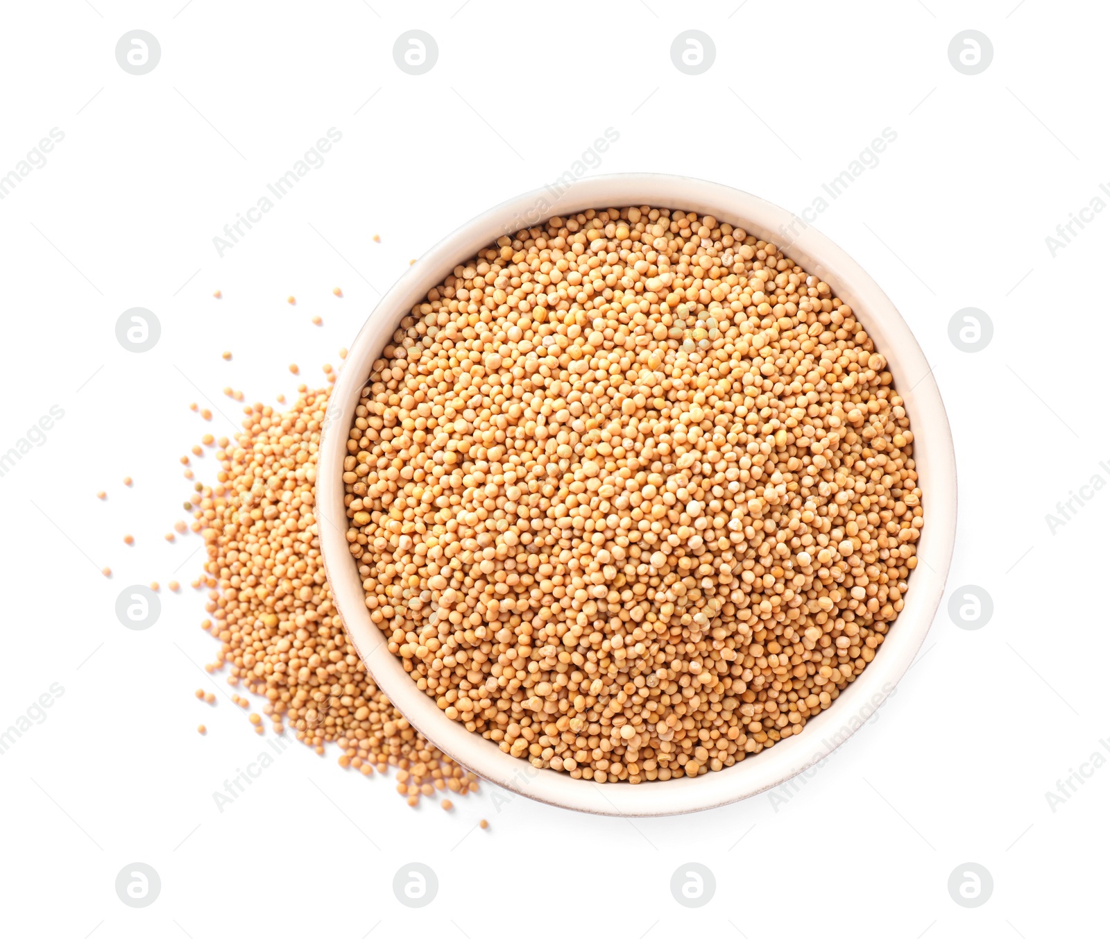 Photo of Mustard seeds with bowl isolated on white, top view