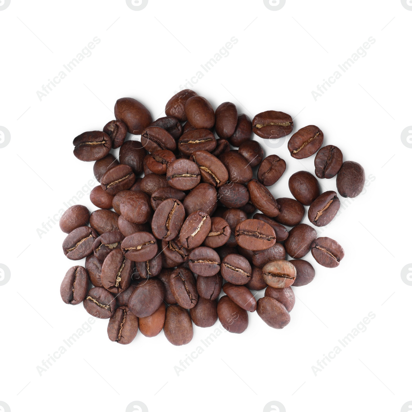 Photo of Pile of roasted coffee beans on white background, top view