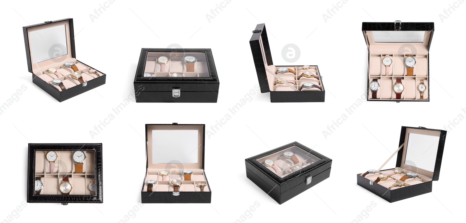 Image of Collage of elegant jewelry box with wristwatches isolated on white, different angles